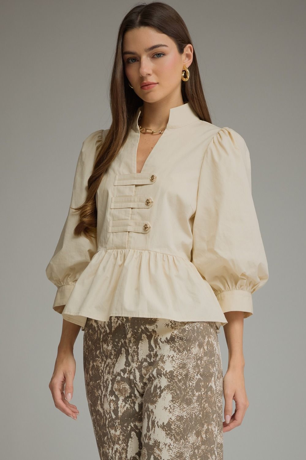 Cream Solid Long Puff Sleeve Top