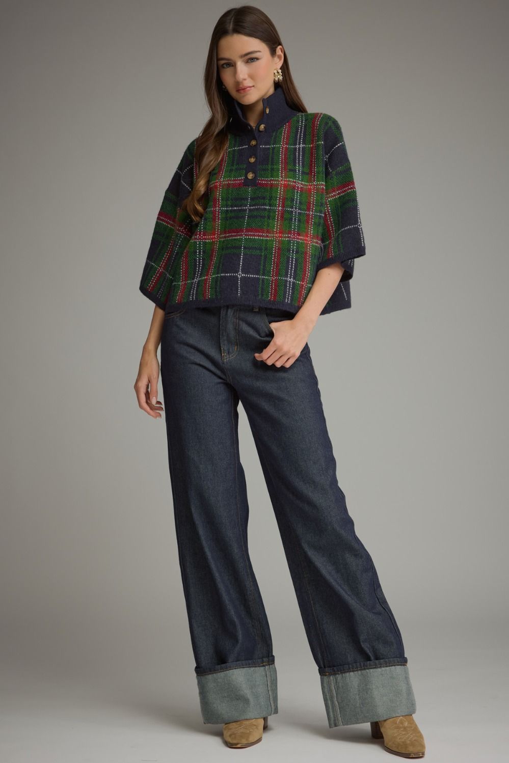 Navy Plaid Knit Top