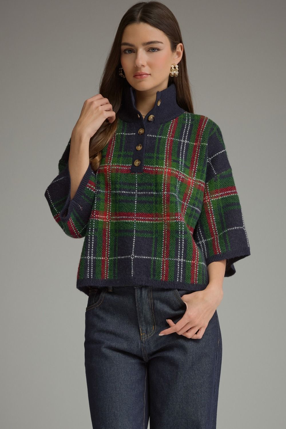 Navy Plaid Knit Top