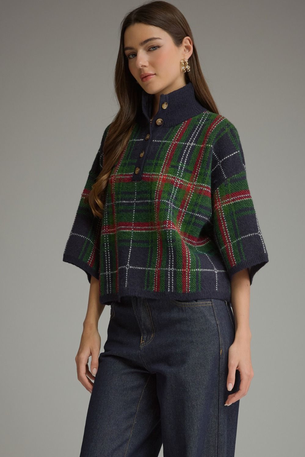 Navy Plaid Knit Top