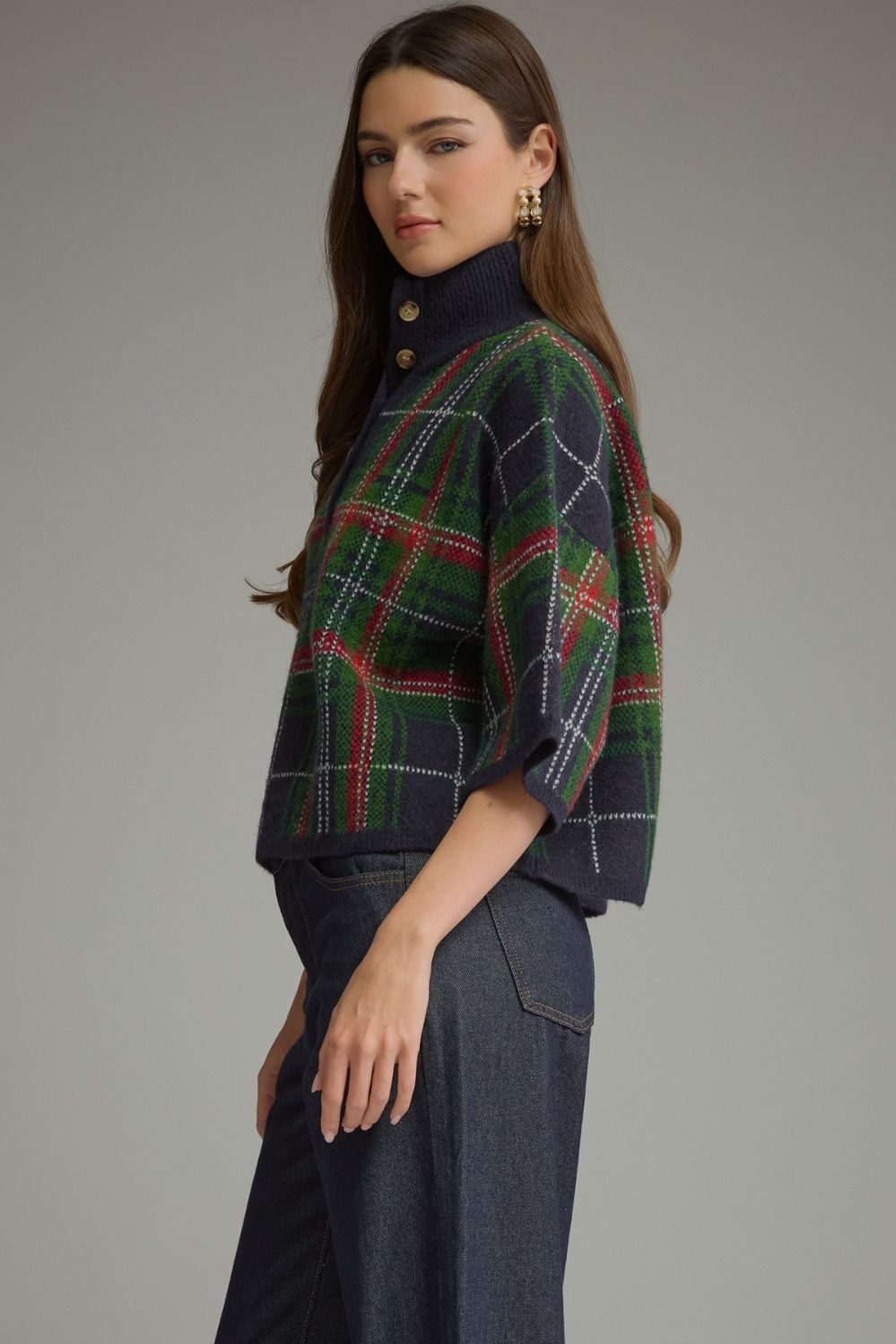 Navy Plaid Knit Top