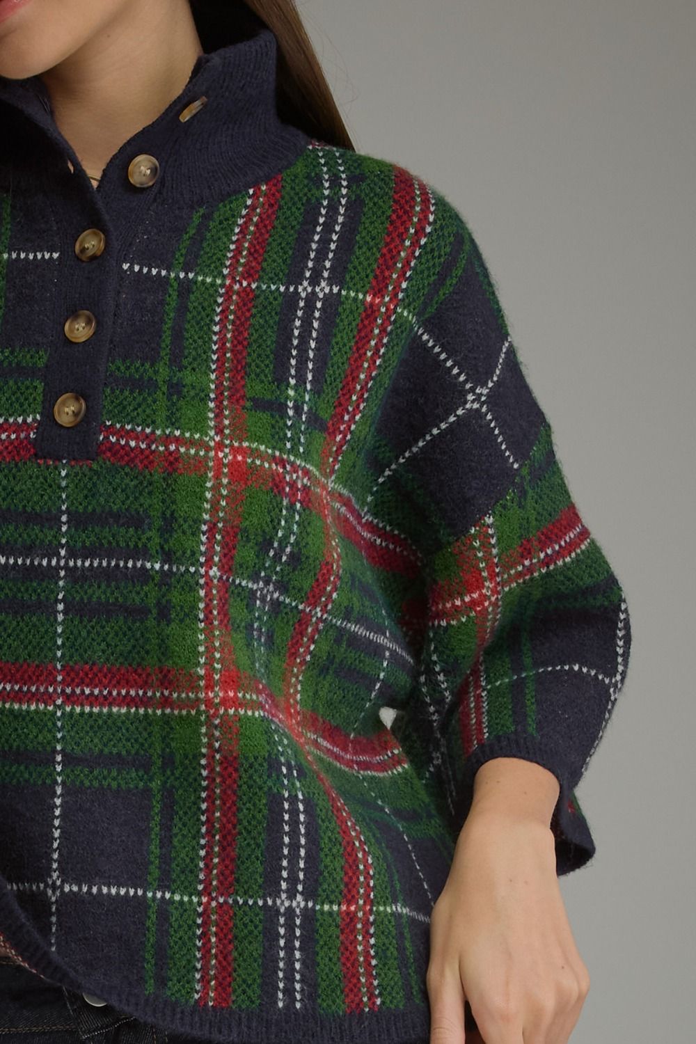 Navy Plaid Knit Top