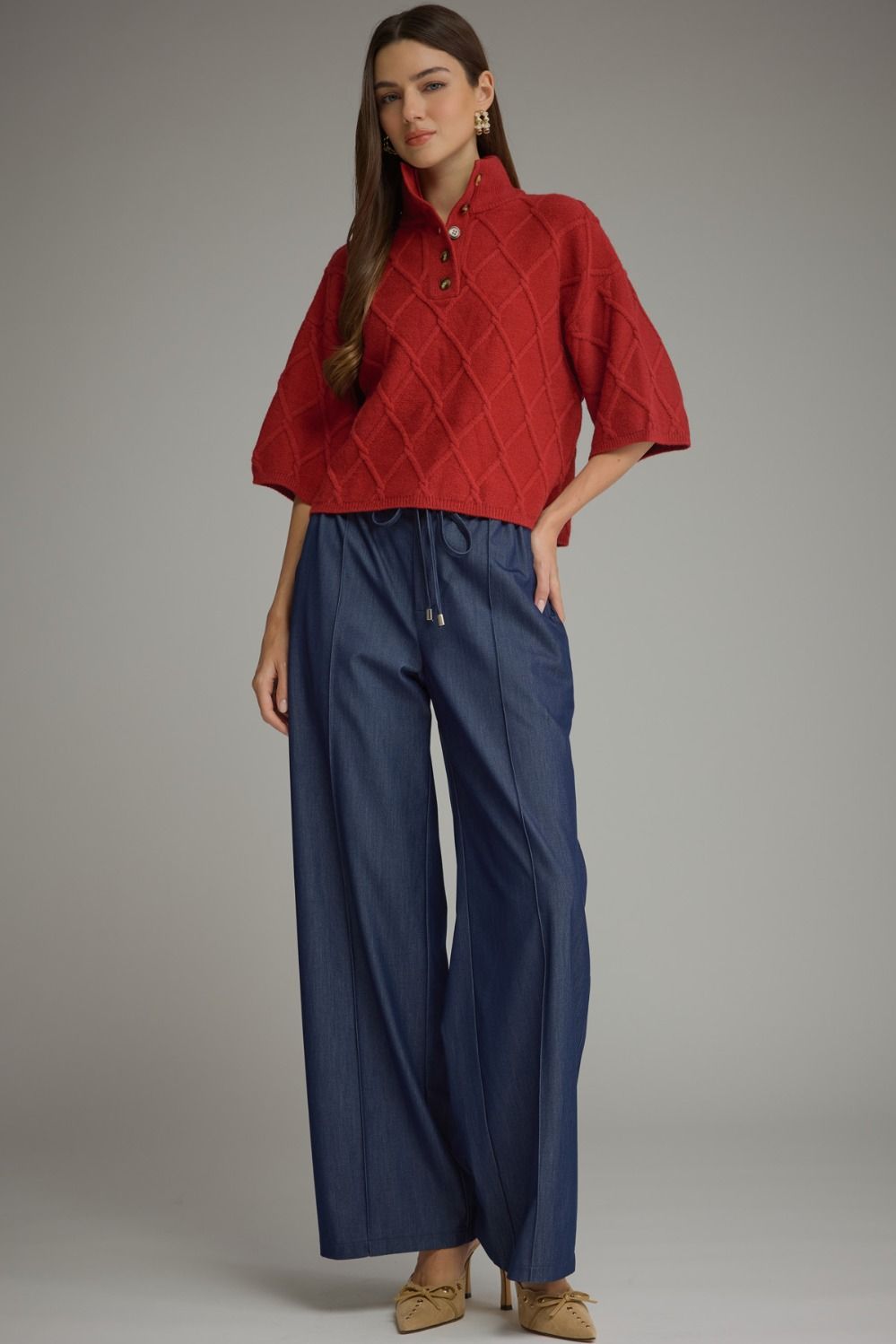 High Collar Knit Top - Red