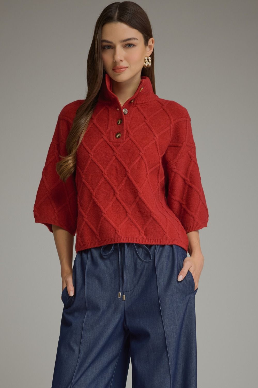 High Collar Knit Top - Red