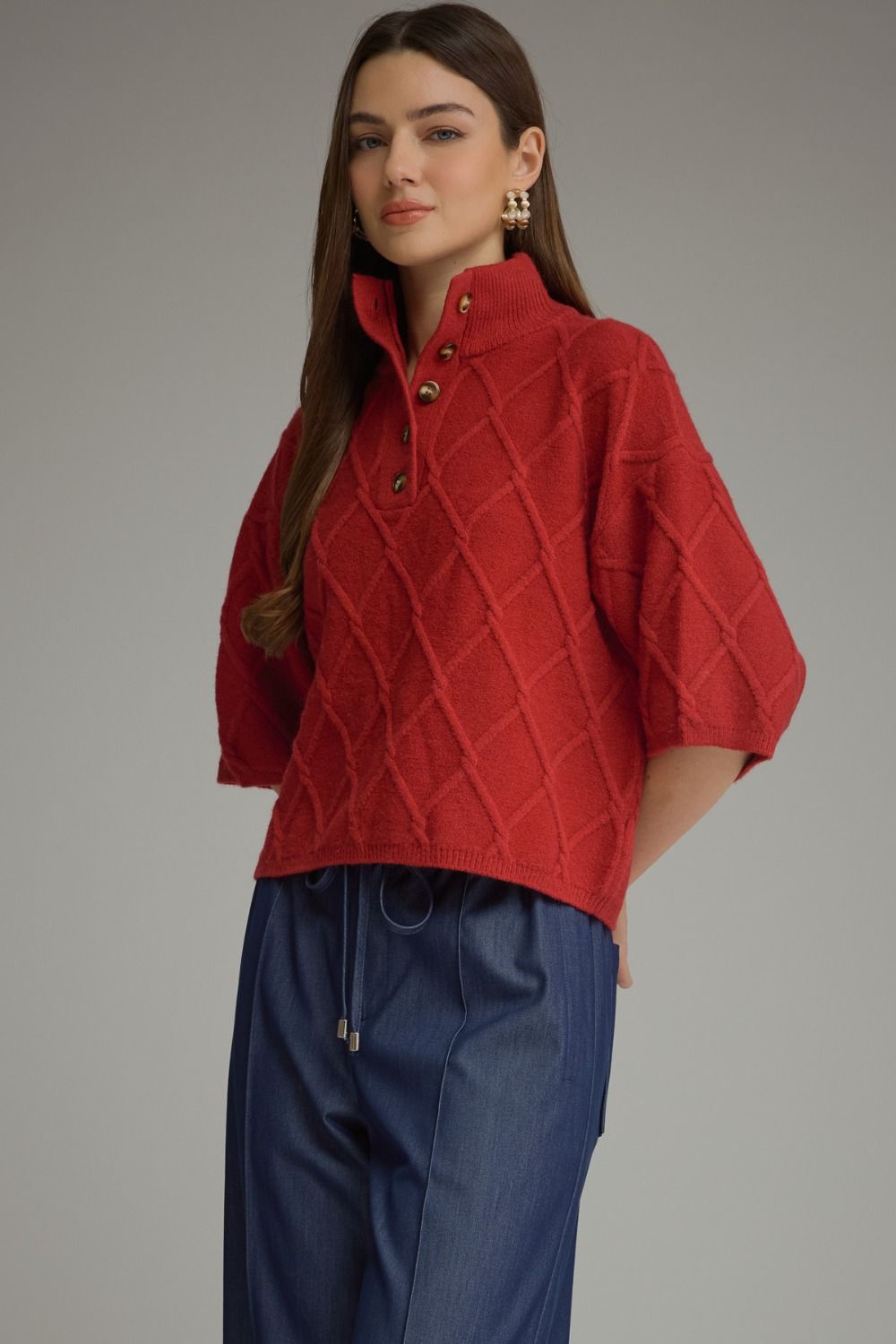 High Collar Knit Top - Red