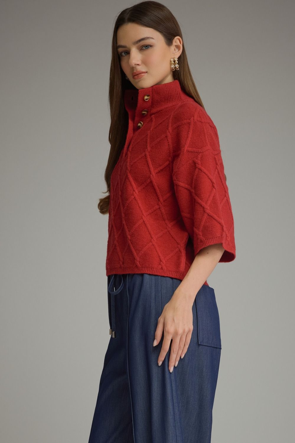 High Collar Knit Top - Red