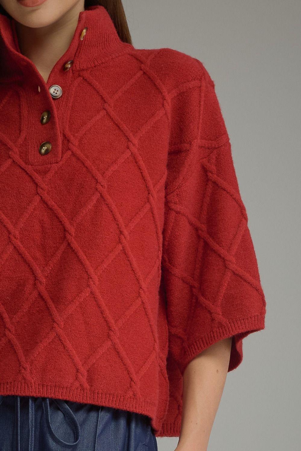 High Collar Knit Top - Red