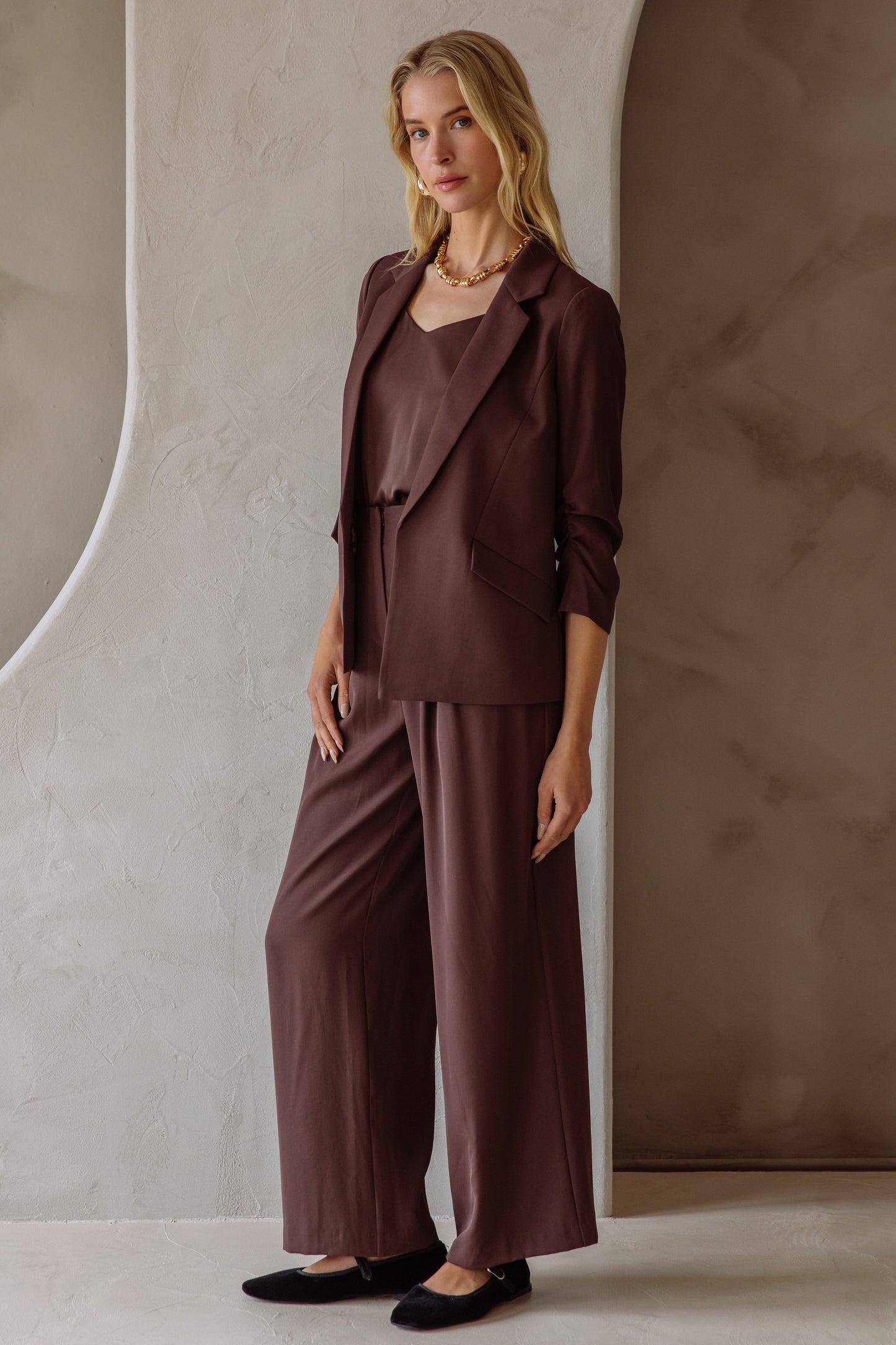 Espresso Shirred Sleeve Blazer