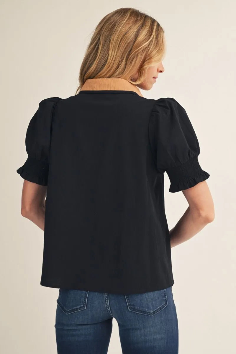 Black Contrast Puff Sleeve Top