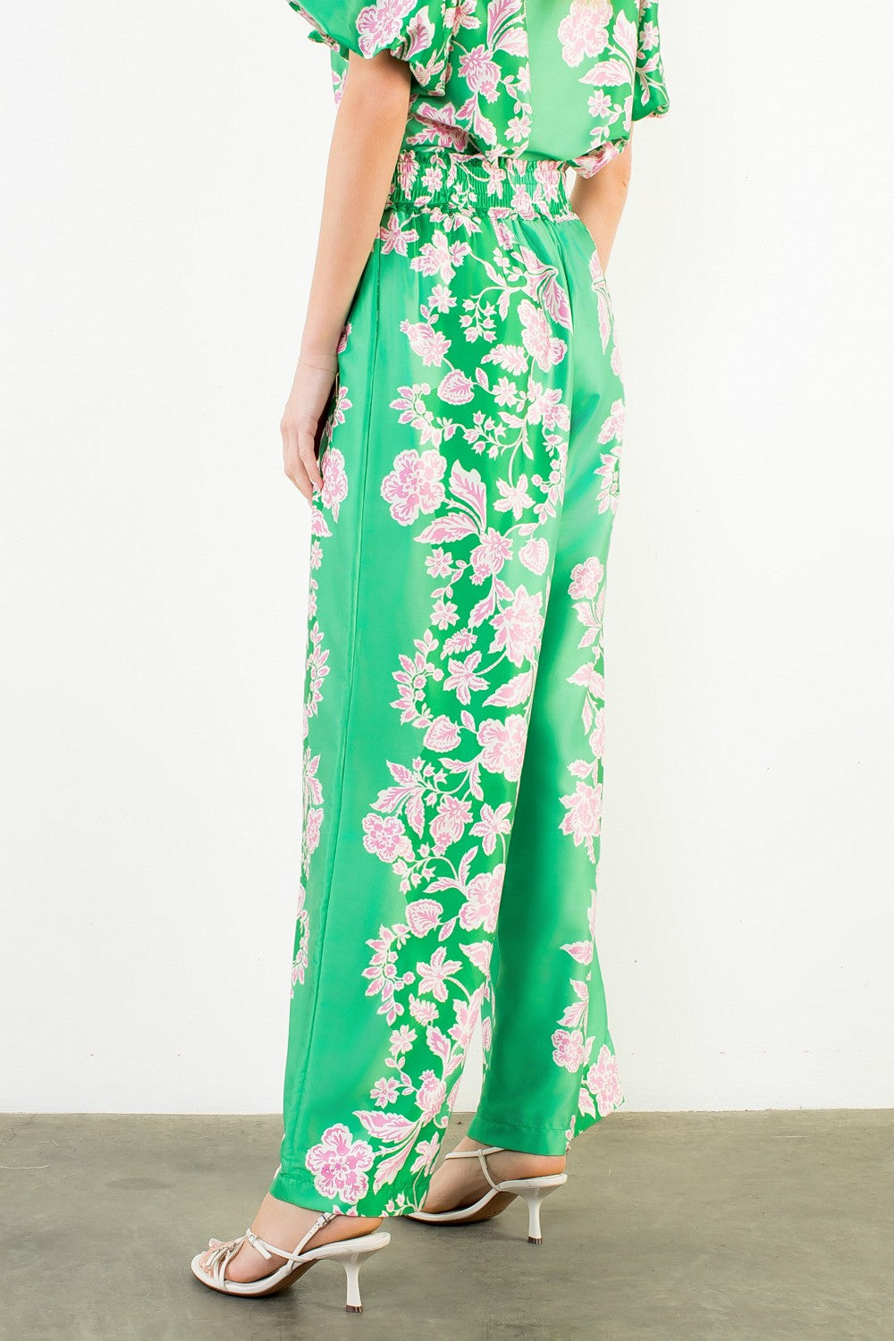 Green Wide Leg Floral Pattern Pant