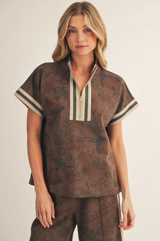 Drop Shoulder Zip Up Floral Top - Brown