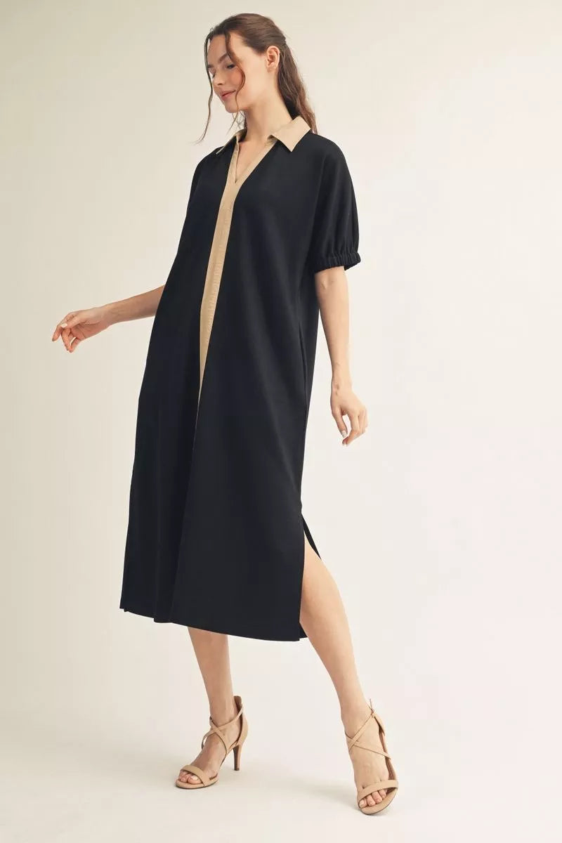 Drop Shoulder Black Midi Dress