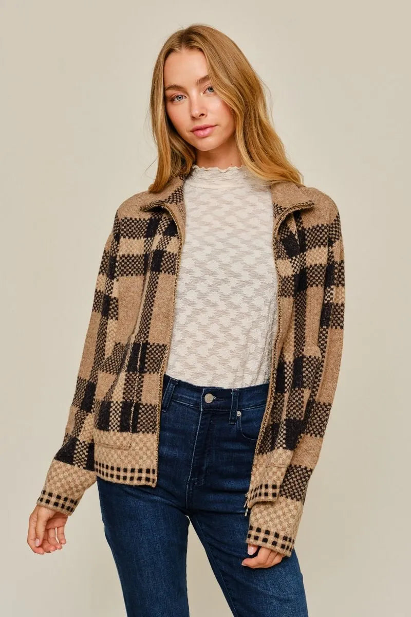 Plaid Zip Up Cardigan - Taupe