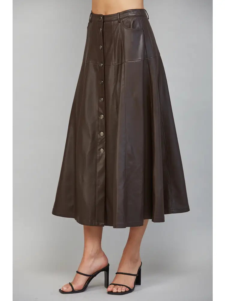 Button Down Leather Midi Skirt