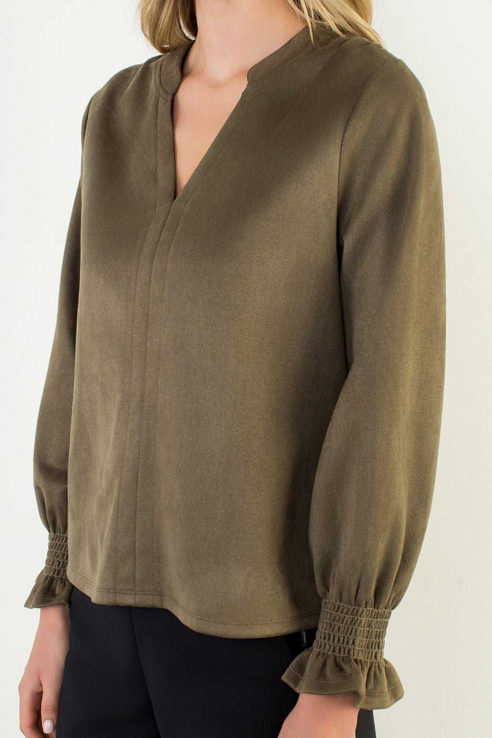 Classic V Neck Suede Top In Olive