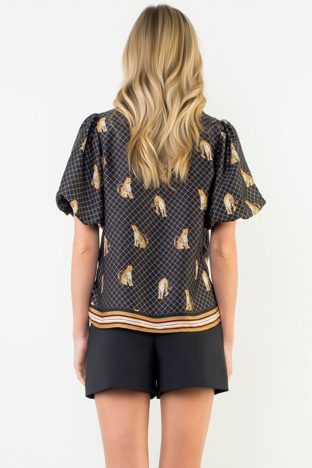 Puff Sleeve Leopard Print V Neck Top