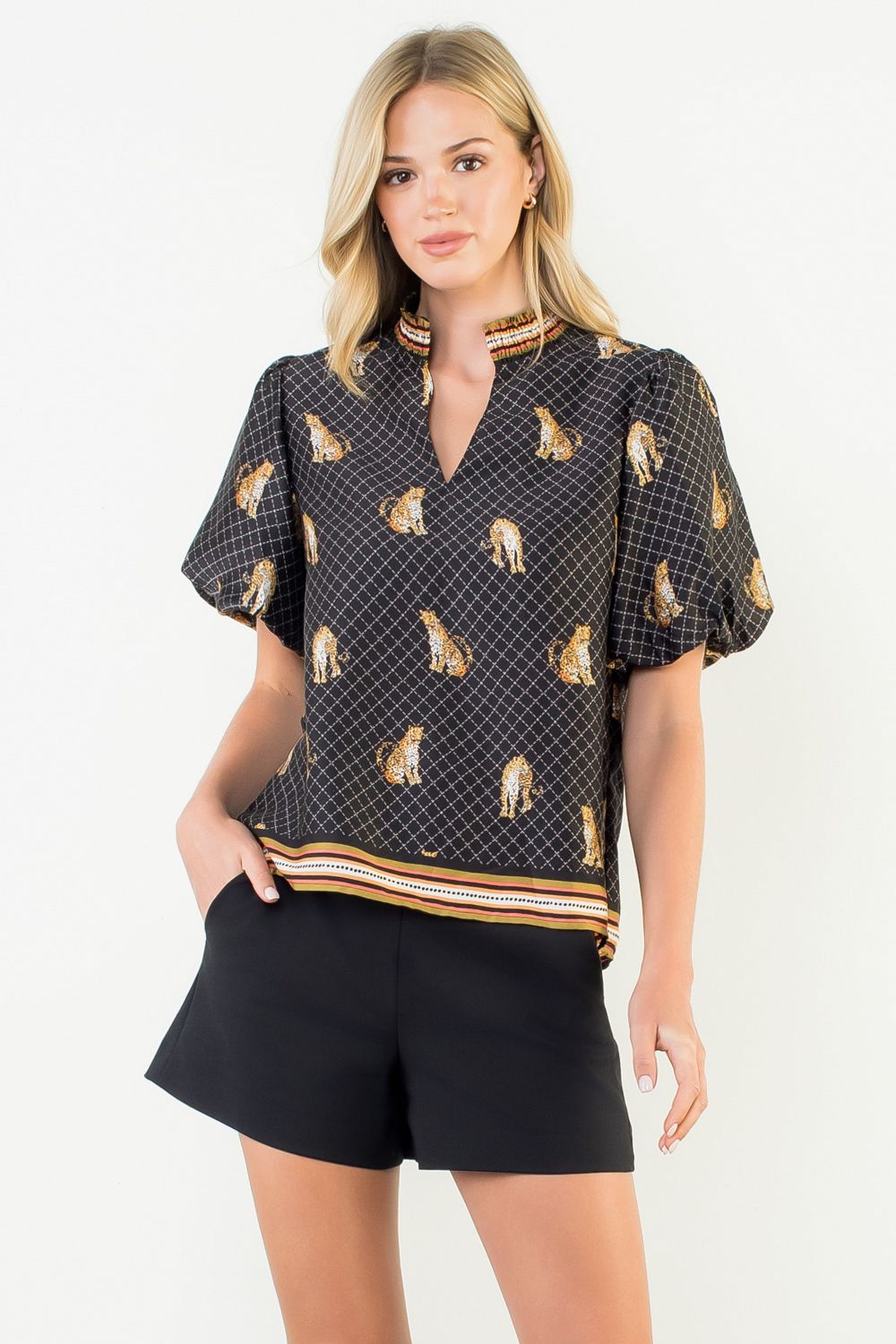 Puff Sleeve Leopard Print V Neck Top