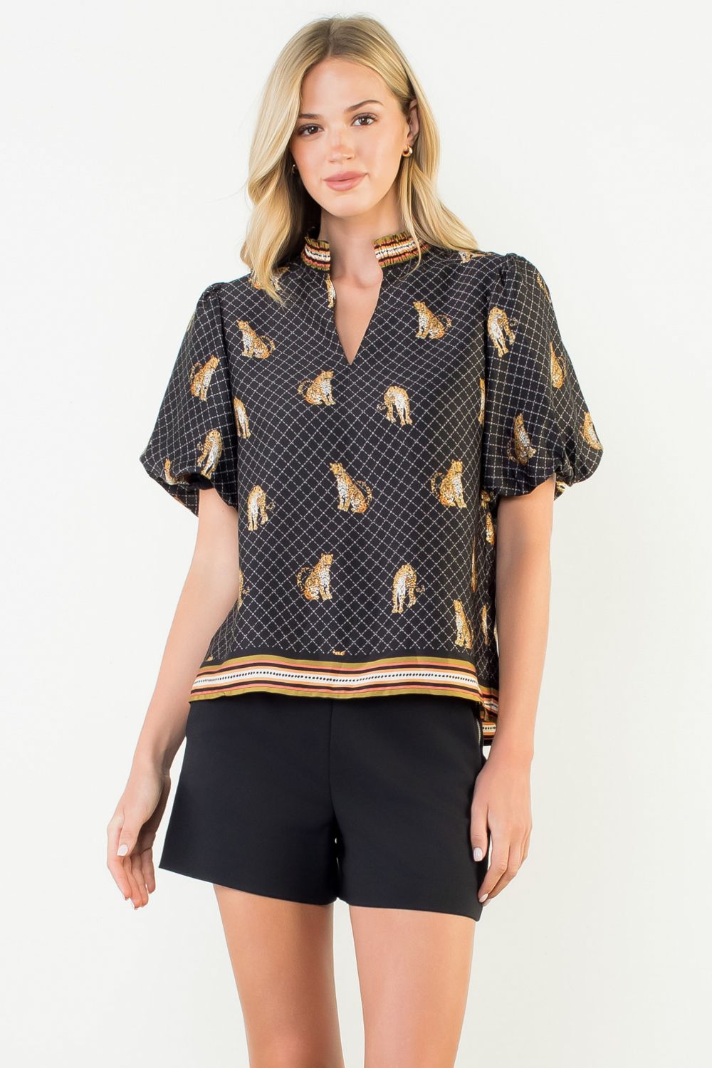 Puff Sleeve Leopard Print V Neck Top