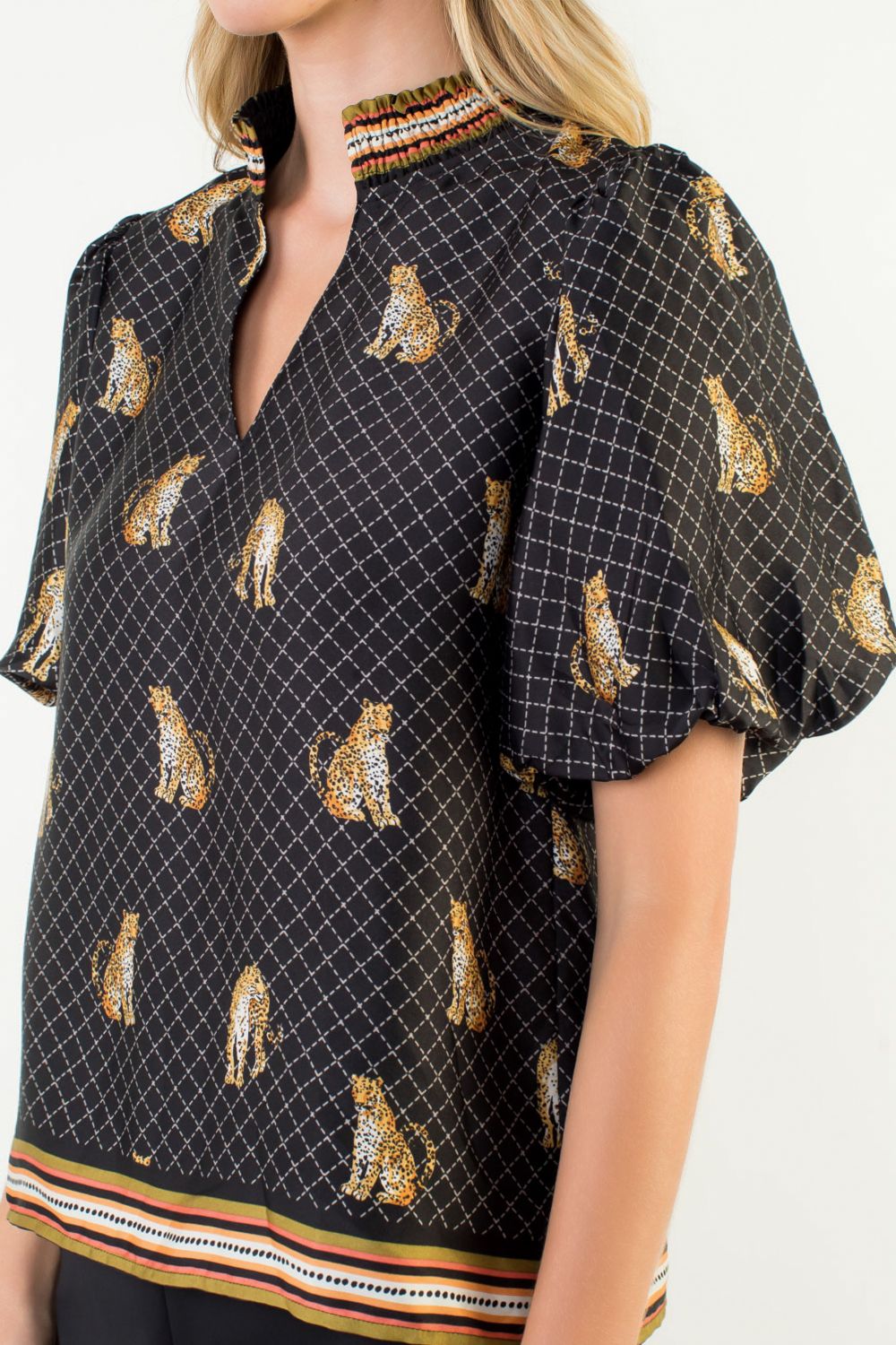 Puff Sleeve Leopard Print V Neck Top