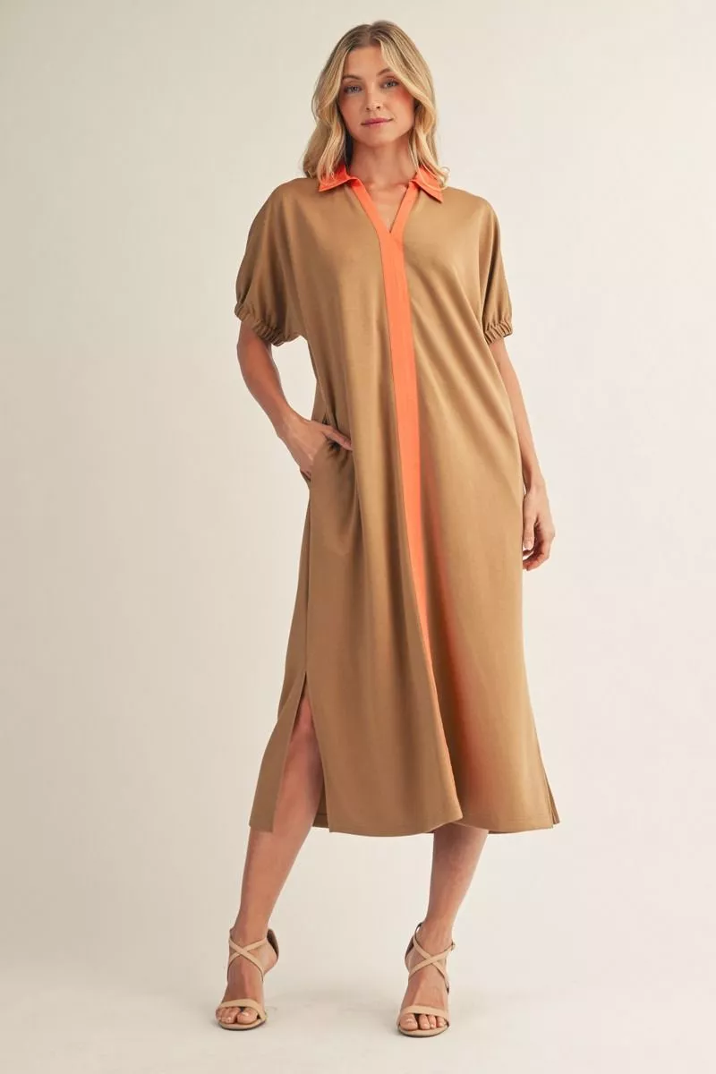 Drop Shoulder Taupe Midi Dress