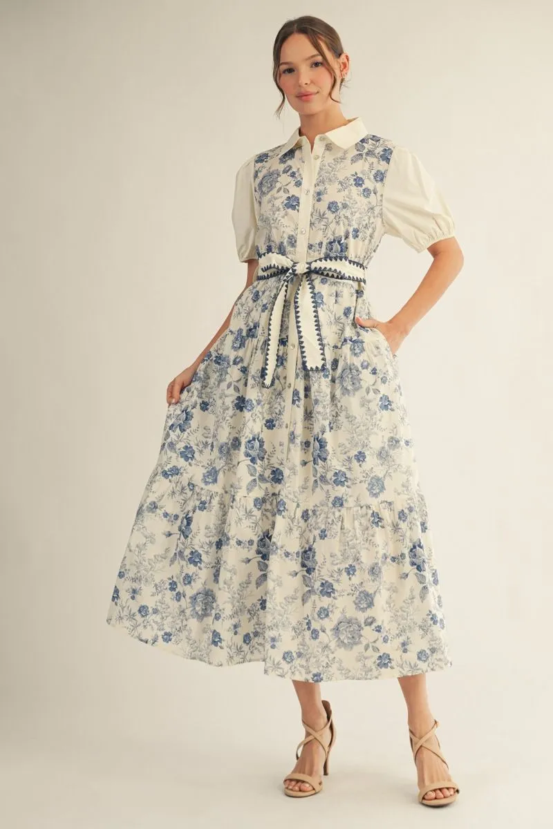 Blue Antique Floral Midi Dress