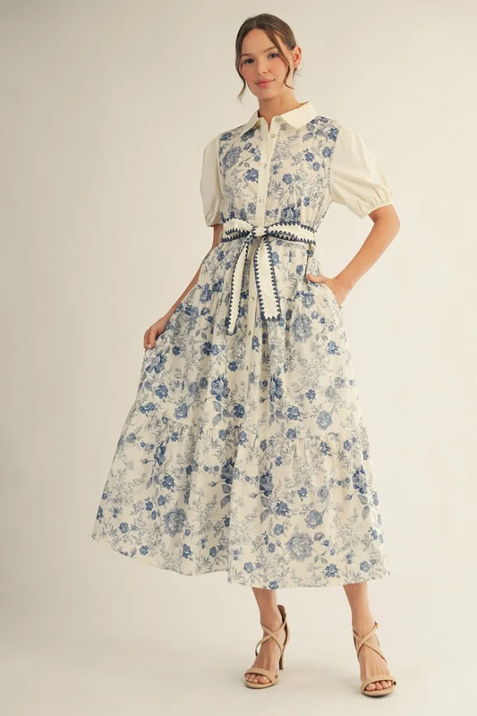 Blue Antique Floral Midi Dress