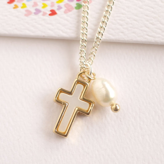 Cross Necklace W/ Freshwater Pearl