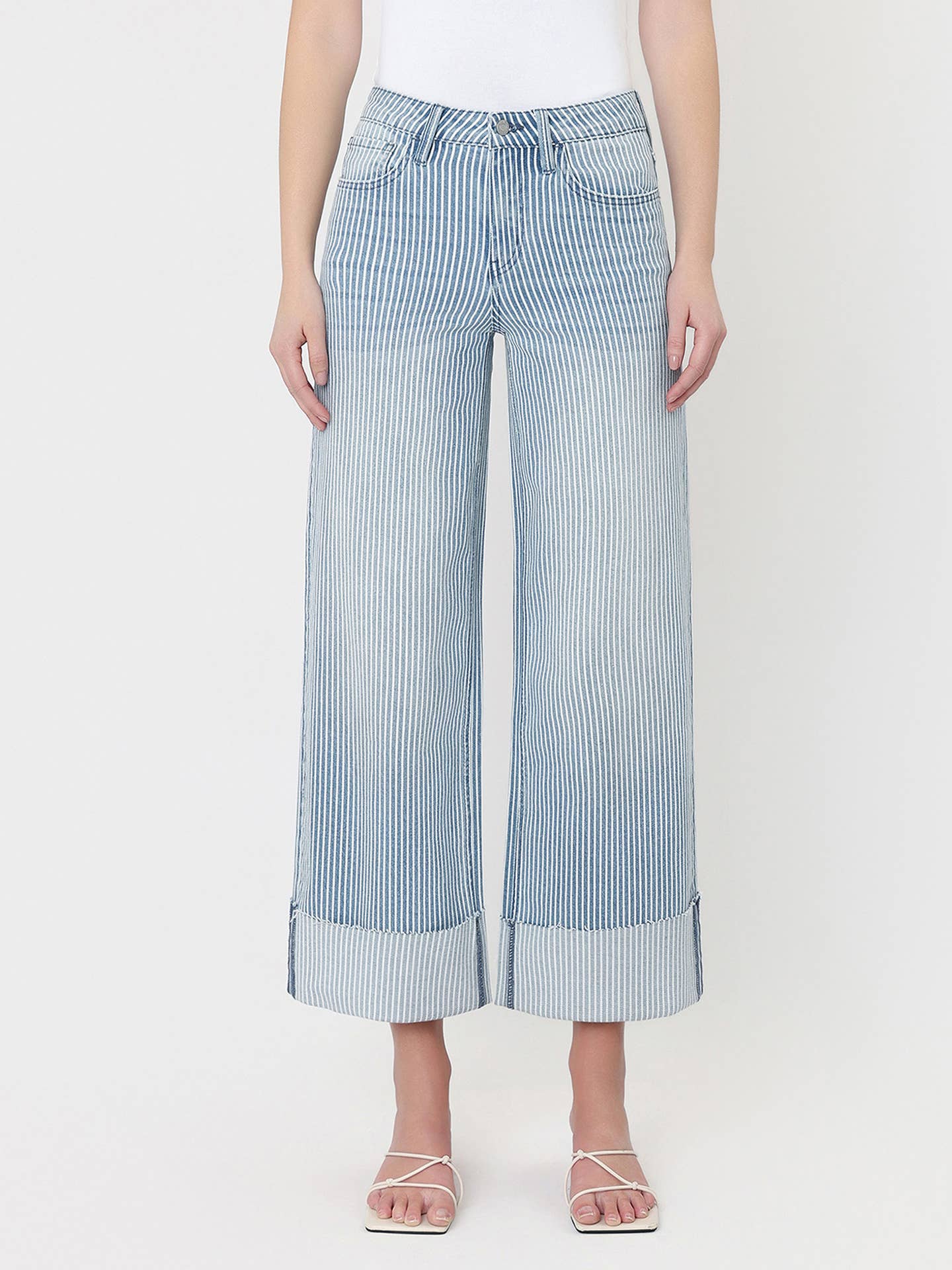 High Rise Blue Stripe Cuffed Crop Wide Jeans