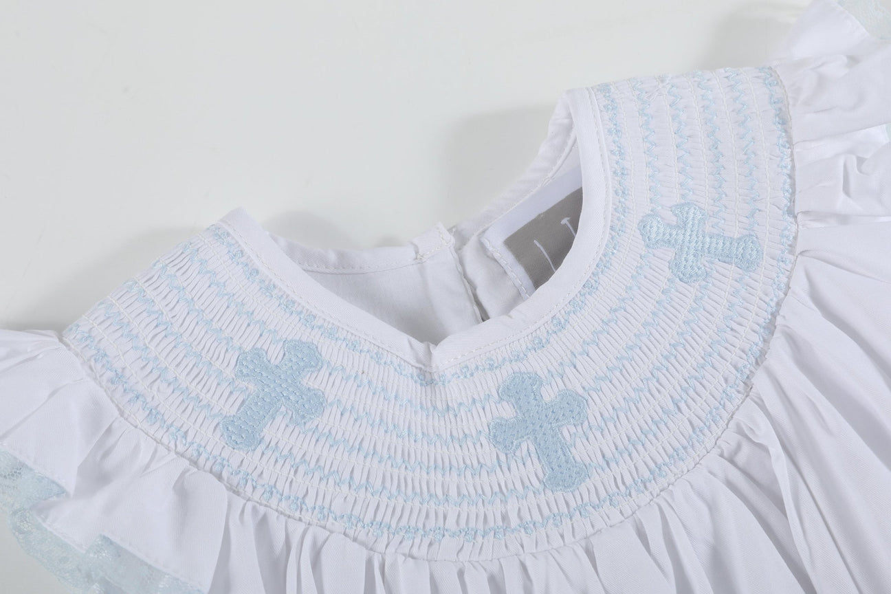 White/Blue Holy Smocked Bishop Dress