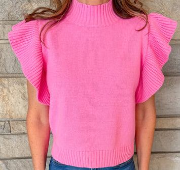 Ruffle Sleeve Knit Top - Pink