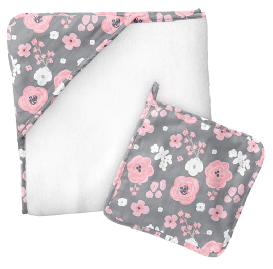 Charcoal Flower Hooded Towel and Washcloth