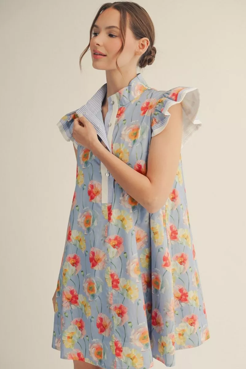 Blue Cap Sleeve Floral Dress