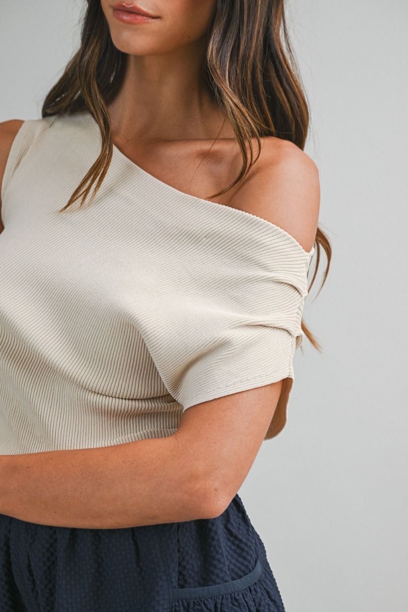 Taupe One-Shoulder Rib Knit Top