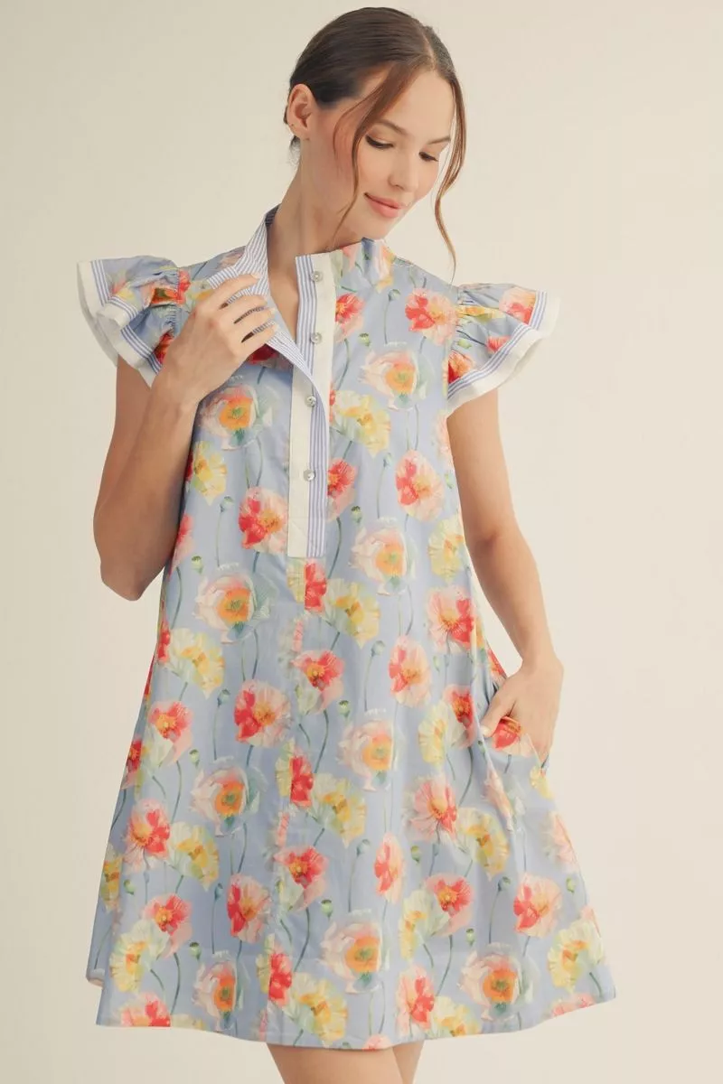 Blue Cap Sleeve Floral Dress
