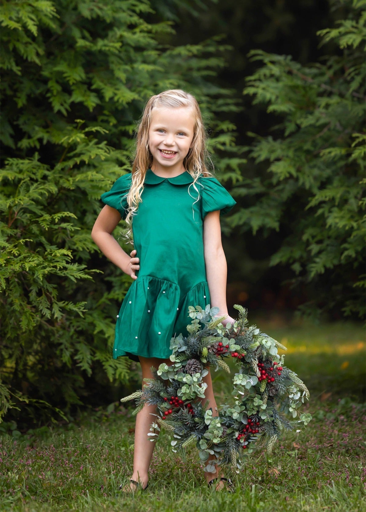 Green Pearl Embellished Drop Waist Dress