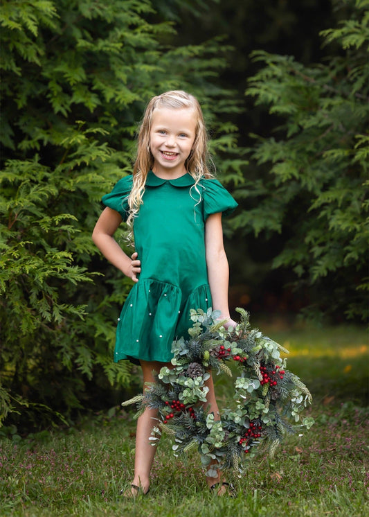 Green Pearl Embellished Drop Waist Dress