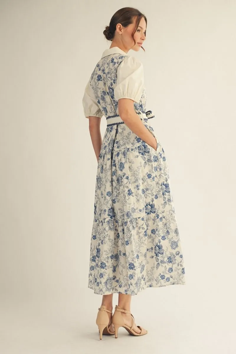 Blue Antique Floral Midi Dress