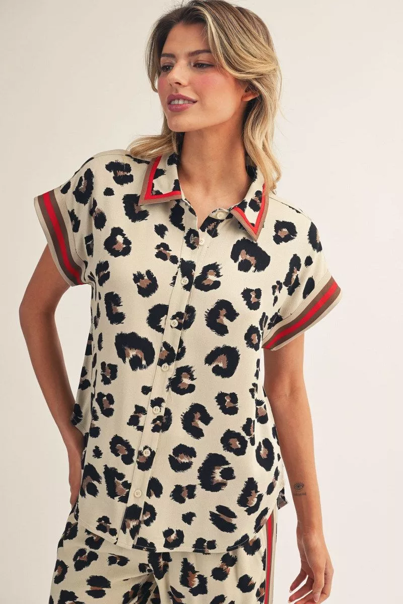 Cream/Red Leopard Button Top