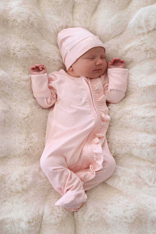 Pink Dot Picot Trim Zipper Footie