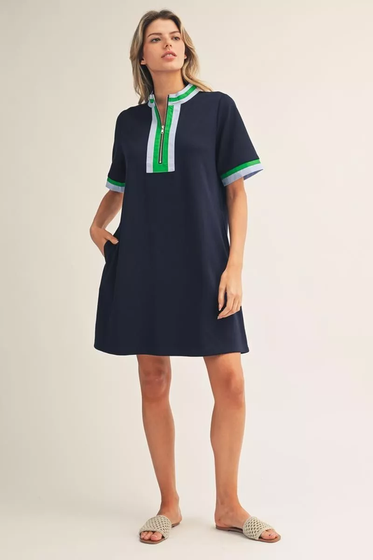 Navy Zip Up Contrast Dress