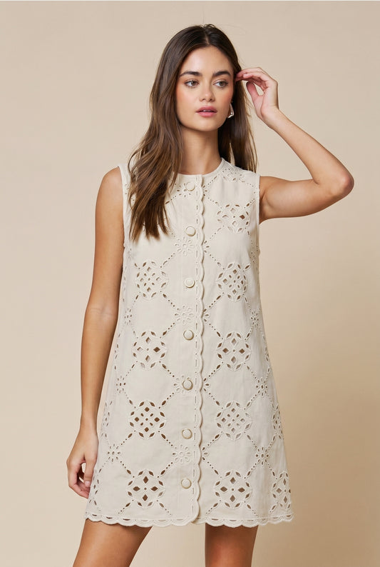 Embroidery Button Down Mini Shift Dress