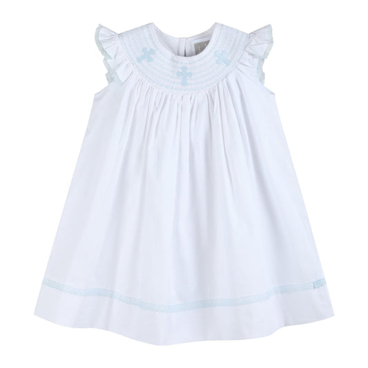 White/Blue Holy Smocked Bishop Dress