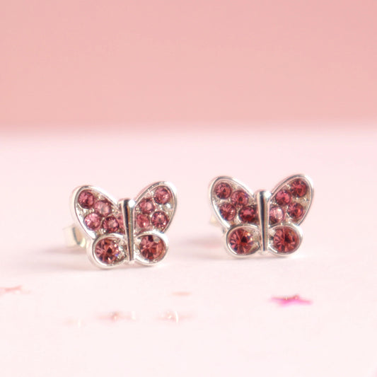 Pink Crystal Butterfly Earrings in Box