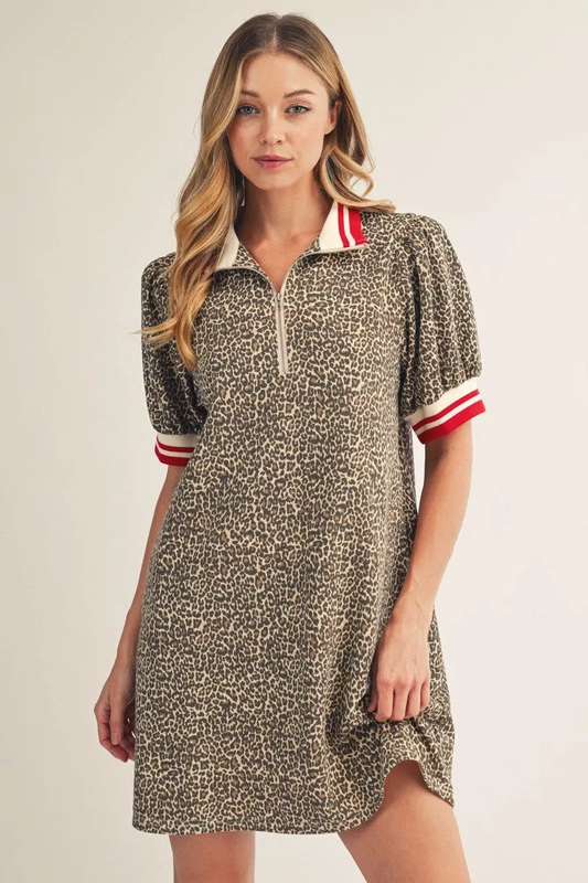 Animal Puff Sleeve 1/4 Zip Dress