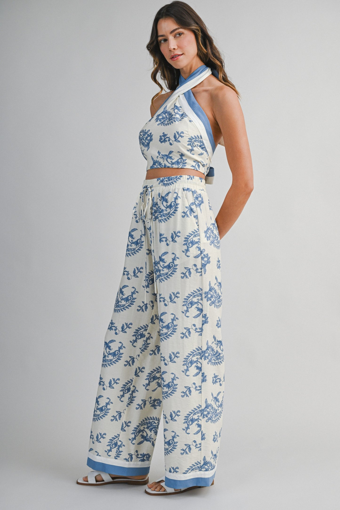 Blue Floral Halter Top & Pant Set