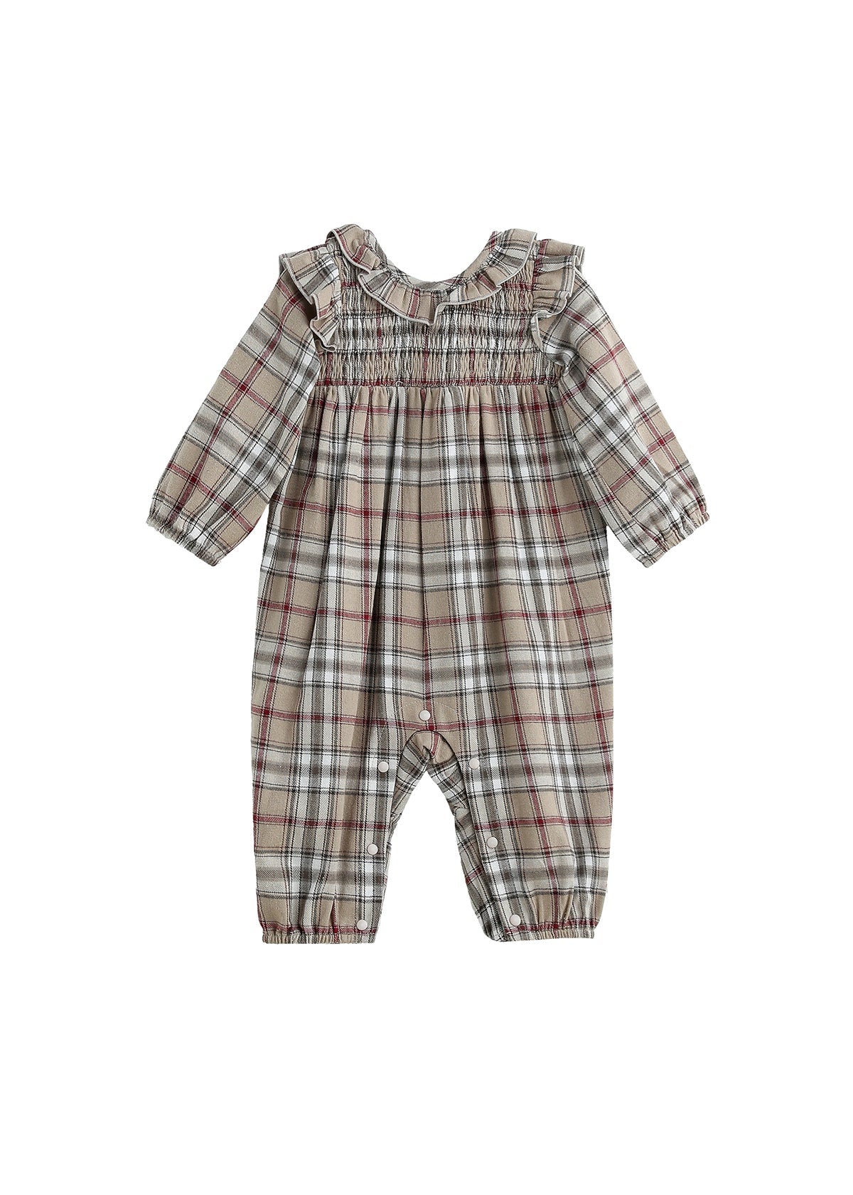 Chestnut Plaid Ruffle Smocked Romper