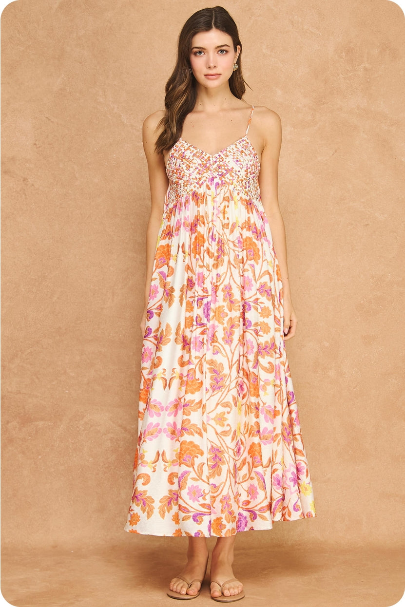 Floral Woven Lattice Bodice Maxi Dress