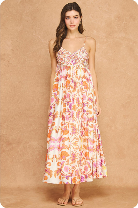 Floral Woven Lattice Bodice Maxi Dress