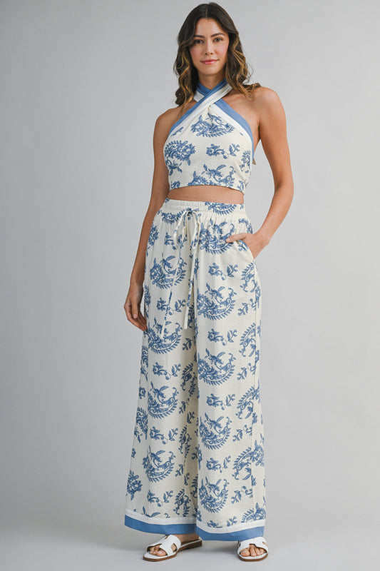 Blue Floral Halter Top & Pant Set