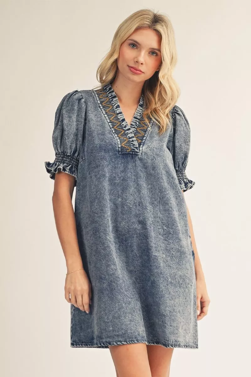 Washed Denim V-Neck Dress